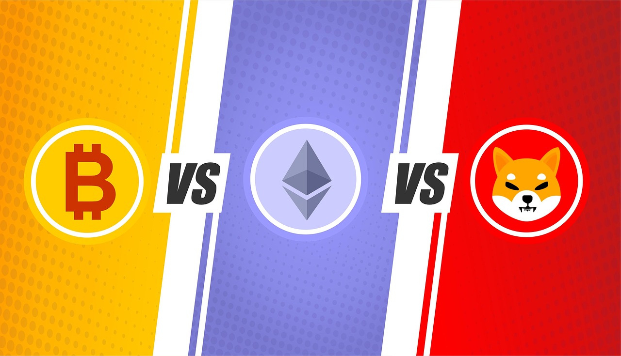 A graphic displays a comparison between Bitcoin (BTC) and Ethereum (ETH). The graphic is formatted as a battle scene, with three panels. The left panel, in a gradient of yellow, features the BTC logo. The middle panel, in a gradient of light purple, shows the ETH logo. The right panel, in a gradient of red, features a cartoon-style Shiba Inu dog face. The words "VS" are prominently displayed in a bold, sans-serif font between the panels, separating the Bitcoin and Ethereum logos from the Shiba Inu. The background of each panel contains a halftone/dotted pattern, adding to the stylized comic book or graphic novel aesthetic.