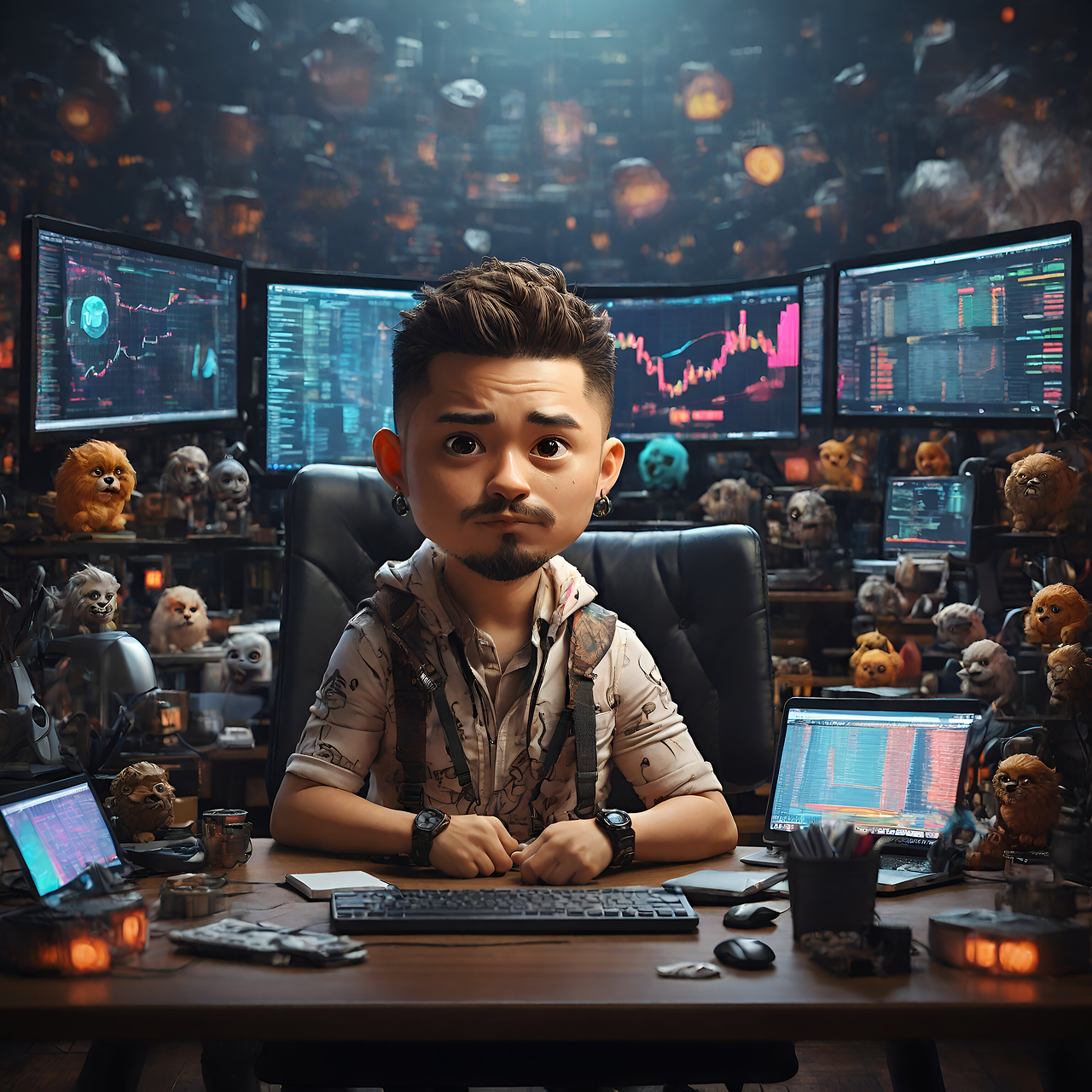 A cartoon-style portrait of a person, likely a digital artist or someone involved in finance, is seated at a cluttered desk.