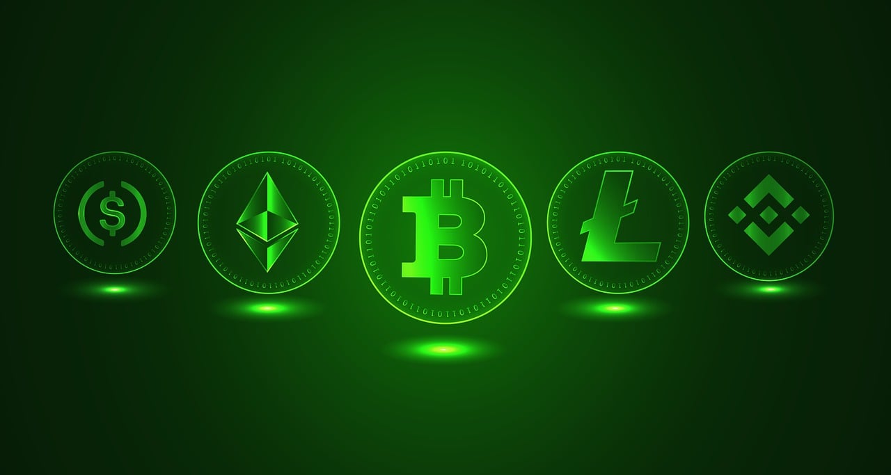 A digital illustration shows several glowing, circular cryptocurrency logos against a dark green background.