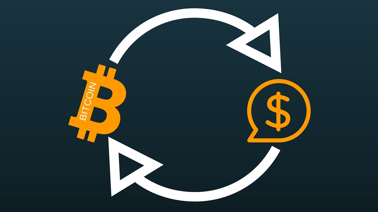 A circular graphic depicts a continuous cycle of Bitcoin (BTC) and US dollar ($) exchange.