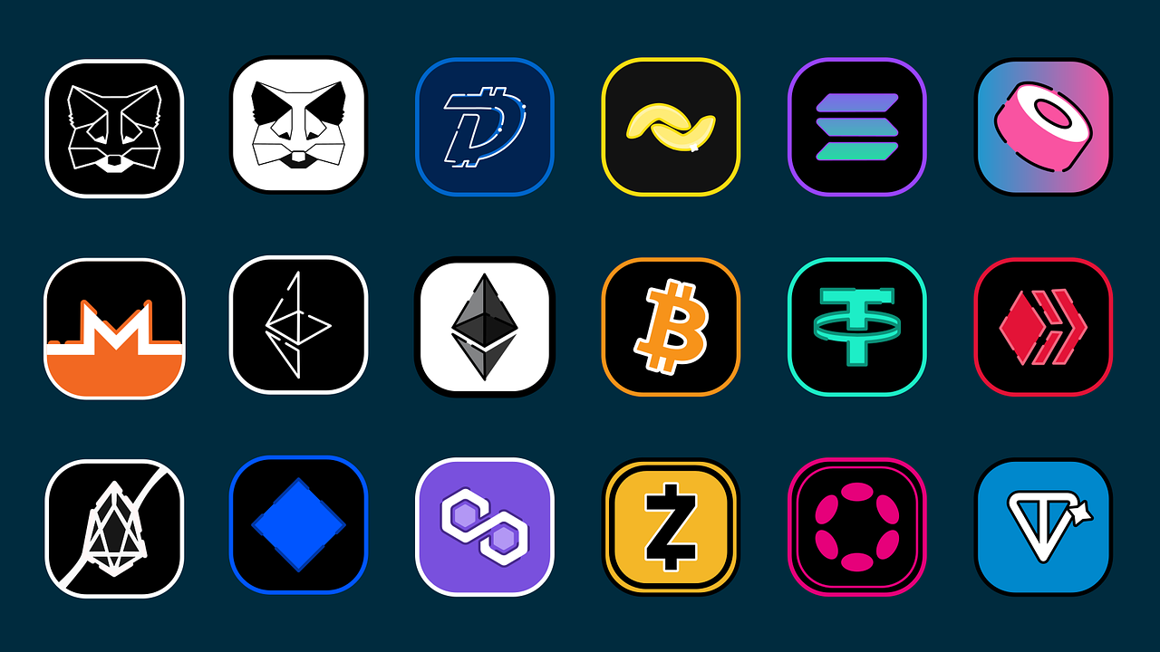 A grid of square icons, likely representing various cryptocurrencies. Each icon features a stylized logo or symbol. The icons are outlined in different colors, including neon shades for some, such as yellow, pink, teal, and blue, and are set against a dark-navy blue background. The icons' colors and outlines vary; for instance, some are black and white, while others have vibrant color schemes and various logos. There are 16 icons displayed in a 4x4 grid.