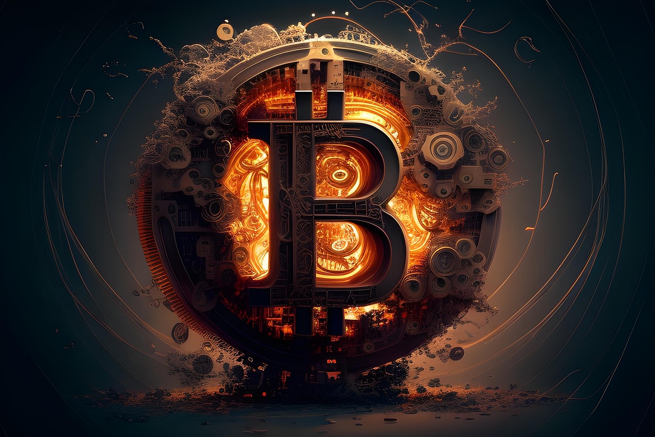 A stylized, three-dimensional rendering of the Bitcoin symbol (₿). 
   The symbol is centrally located within a sphere composed of intricate mechanical components, gears, and various metallic parts. 