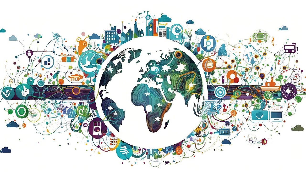 Abstract illustration of a connected world, symbolizing global communication, technology, sustainability, and interconnected systems. Features vibrant icons representing various industries and ecosystems.