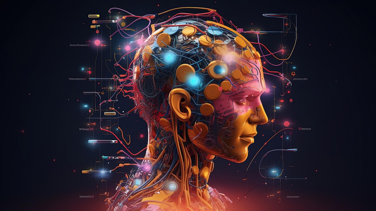 Futuristic digital artwork of a human head fused with technology, wires, and circuits, representing artificial intelligence, neuroscience, and the merging of humanity with advanced systems.
